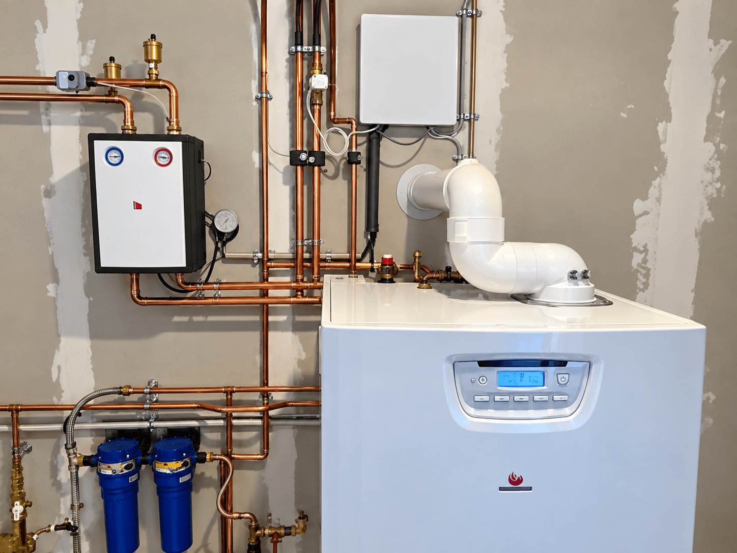 Vue rapprochée du système de chauffage et de sa régulation